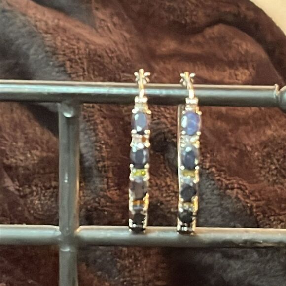 Midnight Sapphire and Multi-Tourmaline Hoop Earrings Stainless Steel 11.35 ctw - Picture 3 of 15